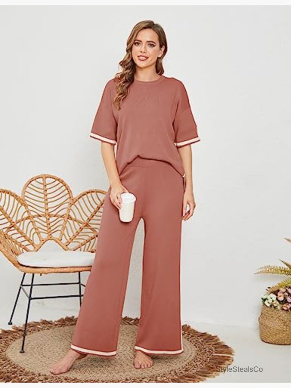 2 Piece Lounge Sets Short Sleeve Knit Pullover Tops Wide Leg Pants - Picture 3 of 7